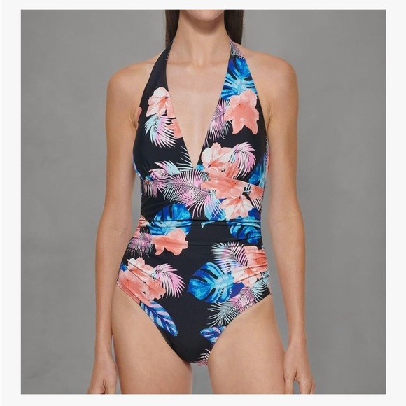 DKNY Halter Shirred One Piece Swimsuit With Tropical Floral Print - Picture 2 of 10